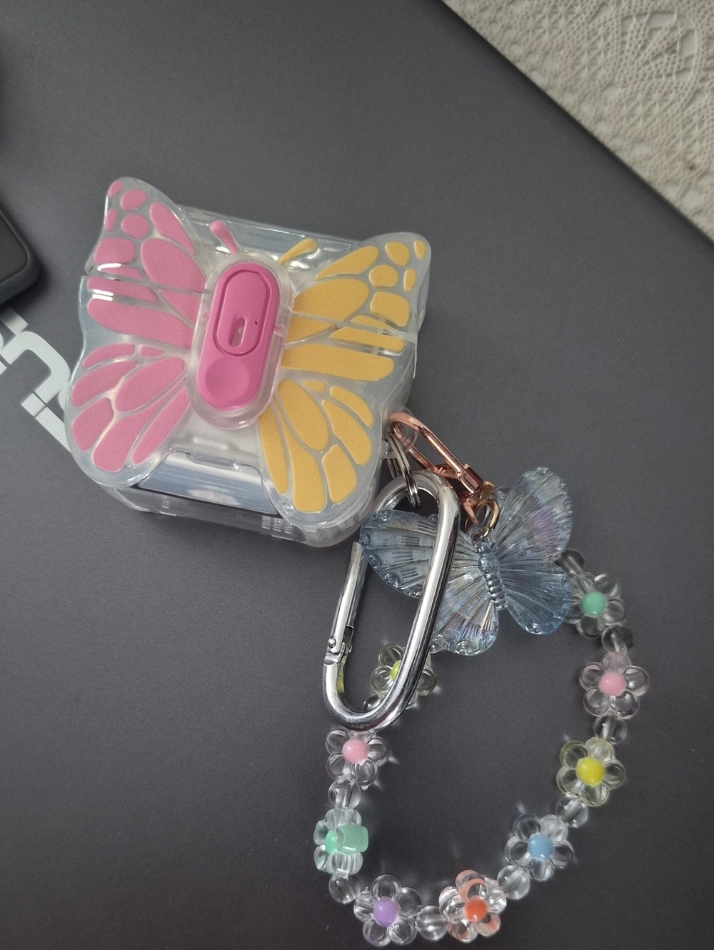 Butterfly Clip-On Keychain with Floral Bead Strap - Pink & Yellow
